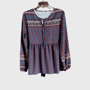 Boho Peasant Blue Long Sleeve Keyhole Tie Peplum Blouse Size Large